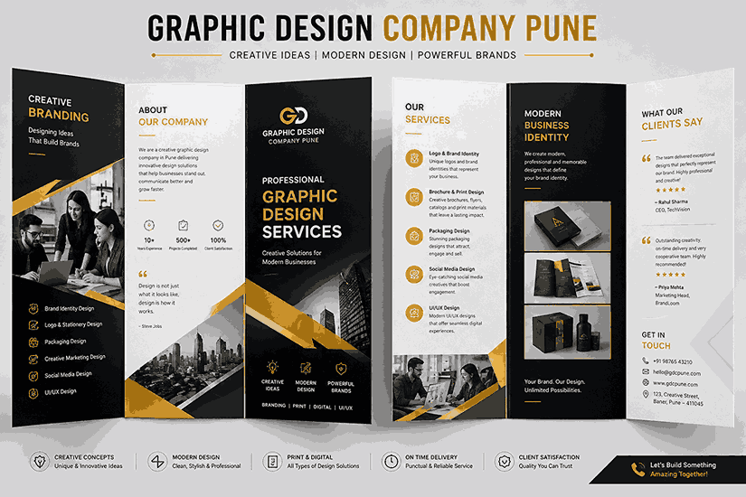 Graphic Design Company Pune corporate brochure mockup featuring luxury tri-fold layouts, modern branding sections, black and gold design theme, and professional business identity visuals