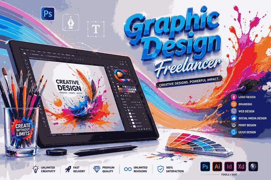 Graphic Design Freelancer creative banner with digital drawing tablet, rainbow light waves, neon paint splashes, graphic design tools, and glossy 3D typography