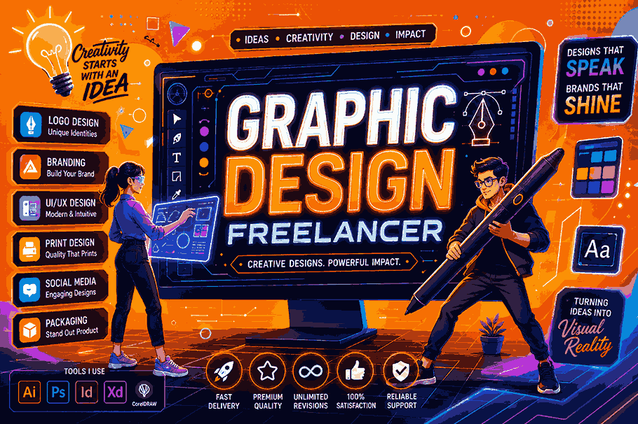 Graphic Design Freelancer futuristic vector banner with neon UI dashboard, glowing typography, creative designers, stylus pen, and holographic branding elements