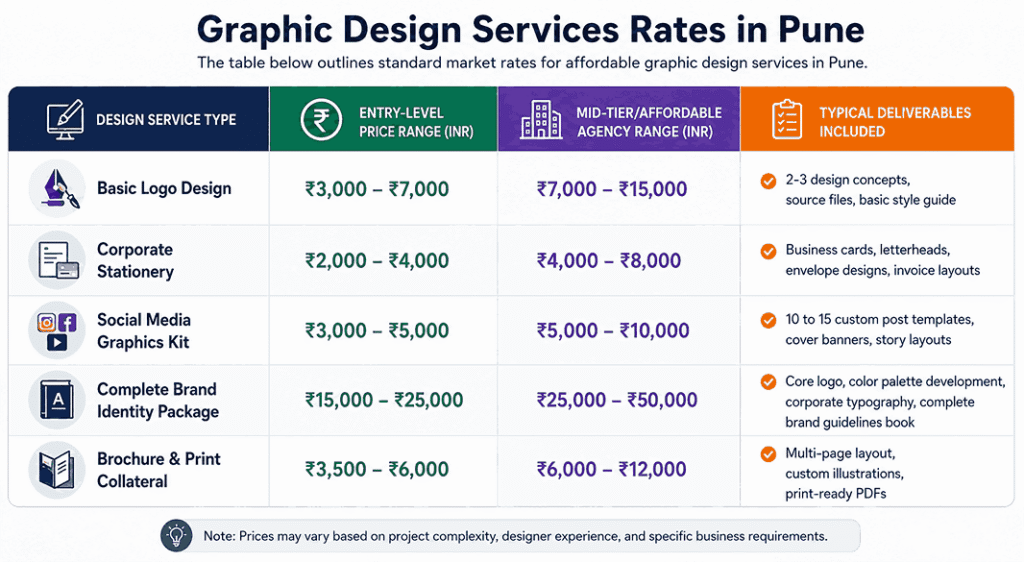 Graphic design service pricing table in Pune showing affordable logo design, branding, social media graphics, stationery, and brochure design package rates.