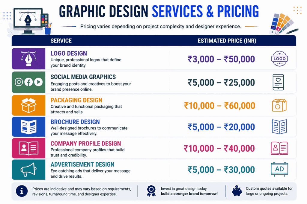 Graphic design services pricing infographic showing estimated costs for logo design, social media graphics, packaging design, brochure design, company profile design, and advertisement design in India.