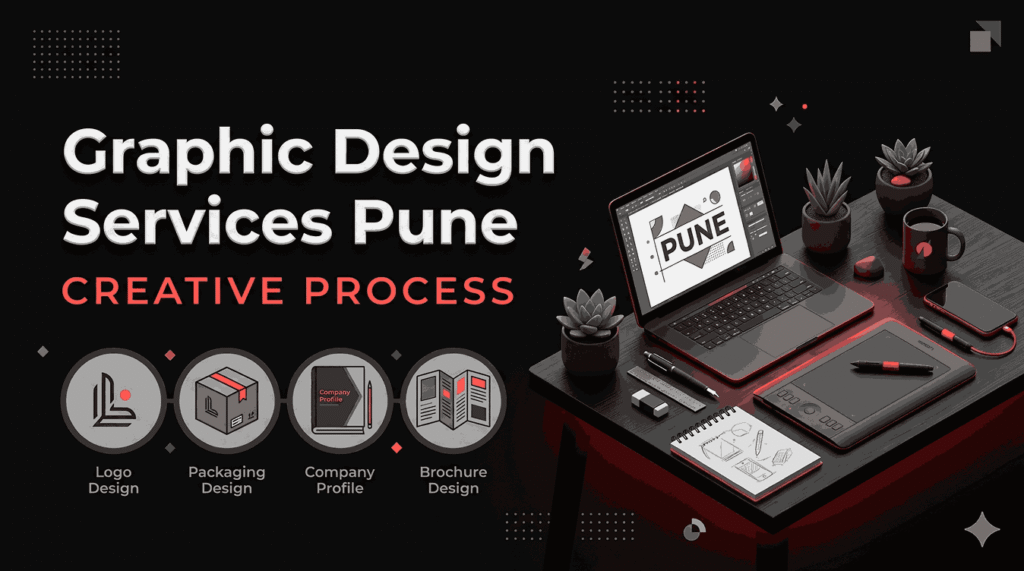 Modern Graphic Design Services Pune workspace featuring logo design, packaging design, company profile, and brochure design on a sleek black and red creative studio setup.