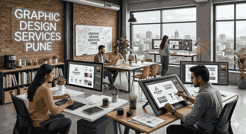 Professional graphic designers working in a modern Graphic Design Services Pune creative studio designing logos, branding materials, and digital graphics on large desktop screens.