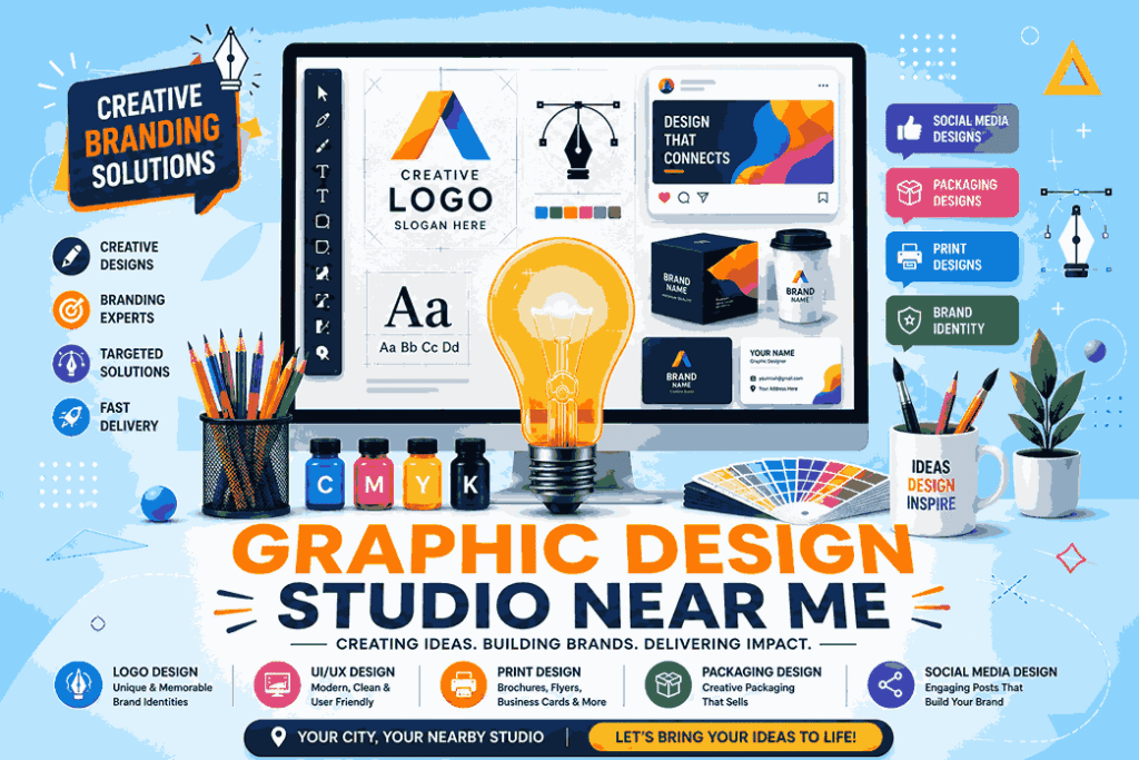 Graphic Design Studio Near Me promotional vector poster with creative desktop monitor, glowing light bulb, branding elements, colorful design tools, and modern UI graphics