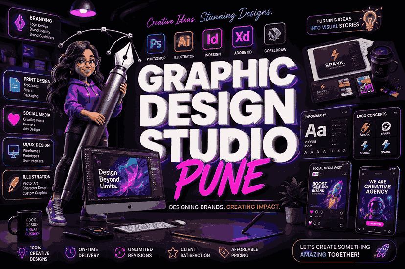 Graphic Design Studio Pune 3D poster with neon gradients, female designer character, branding mockups, UI wireframes, and creative software elements