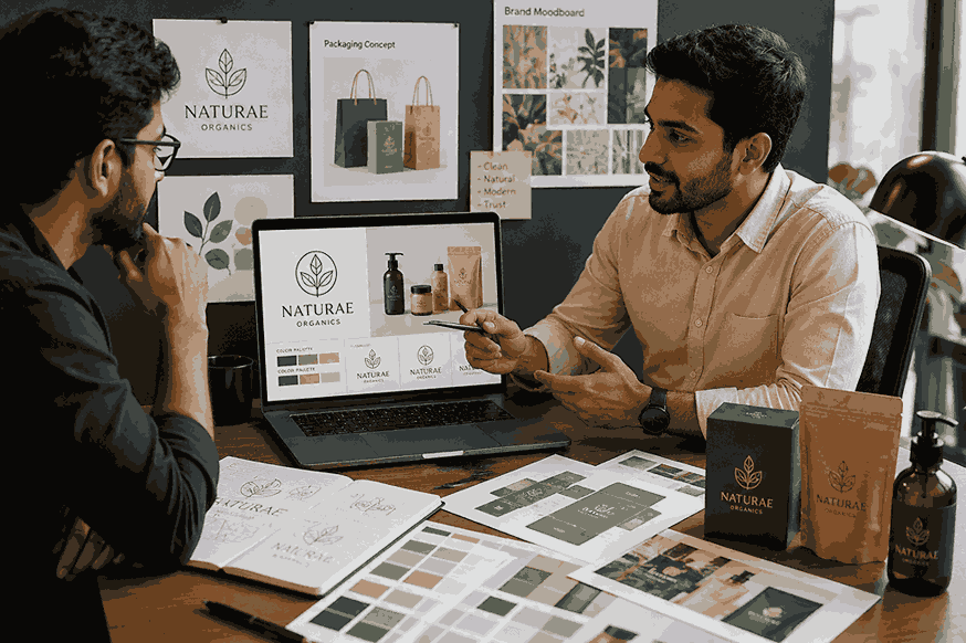 Professional graphic designer discussing branding concepts and packaging mockups with client in modern office studio