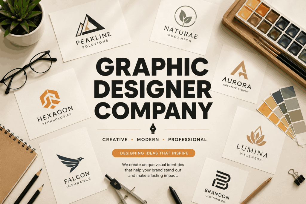 Top-view flat lay graphic designer company banner with logo design sheets, branding tools, color swatches, pencils, paint palette, and bold black typography on a soft beige background.