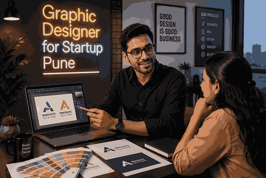 Graphic Designer for Startup Pune office scene with logo designer presenting branding concepts to a client on laptop screens in a modern creative workspace