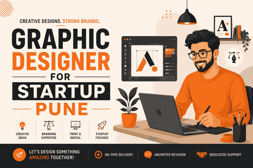 Graphic Designer for Startup Pune modern blog cover with bold typography, designer working on laptop, stylus pen, and minimal creative workspace illustration
