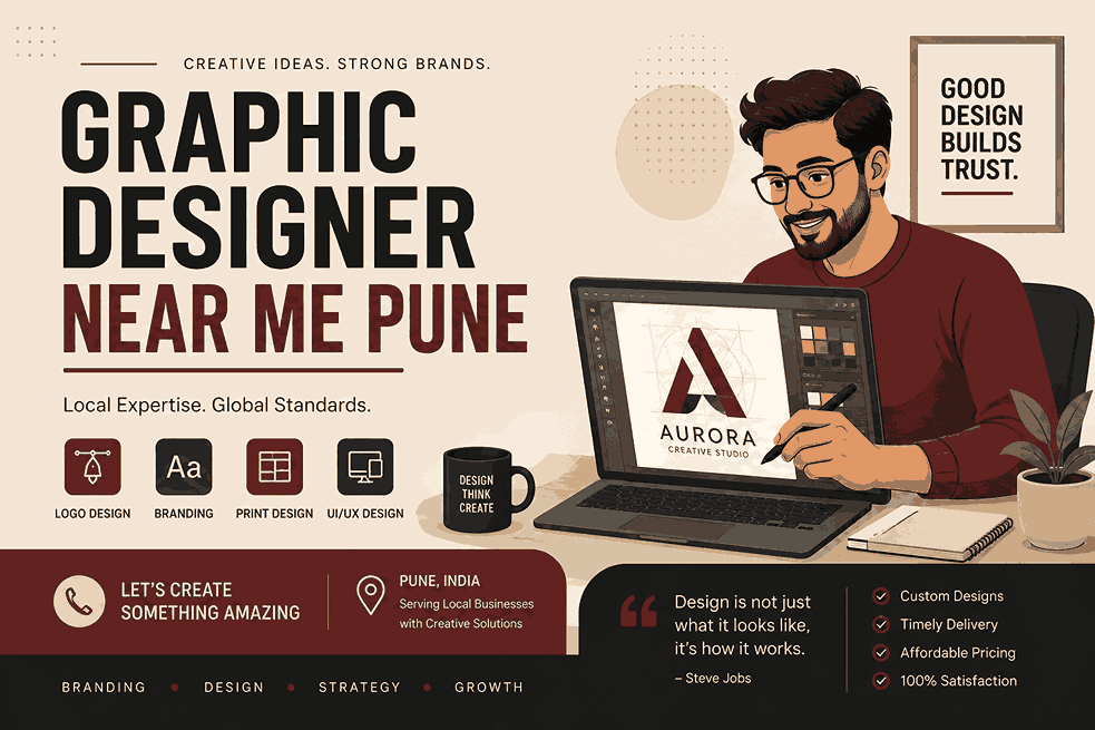 Modern Graphic Designer Near Me Pune blog cover featuring professional typography and designer editing a logo on laptop with stylus in a minimalist workspace