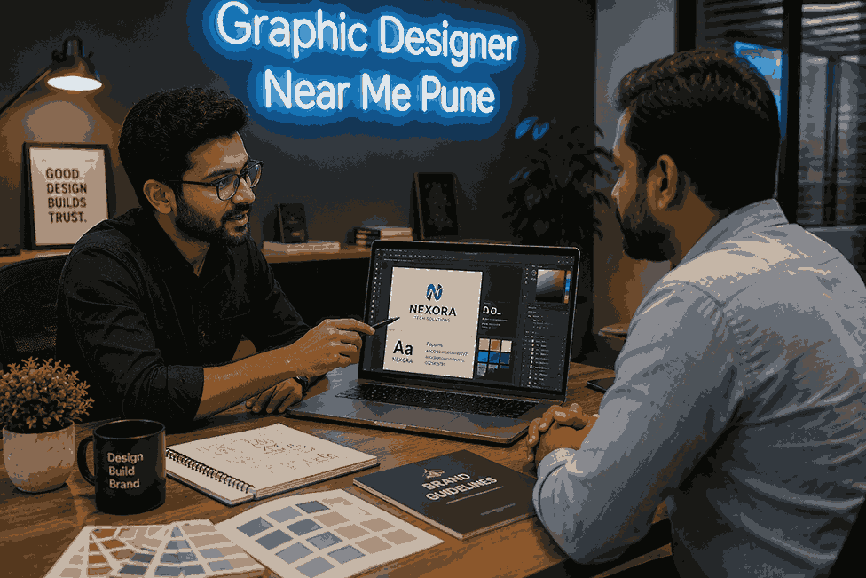 Graphic designer in Pune presenting logo concepts, typography, and brand color palettes to a client in a modern office with neon Graphic Designer Near Me Pune sign