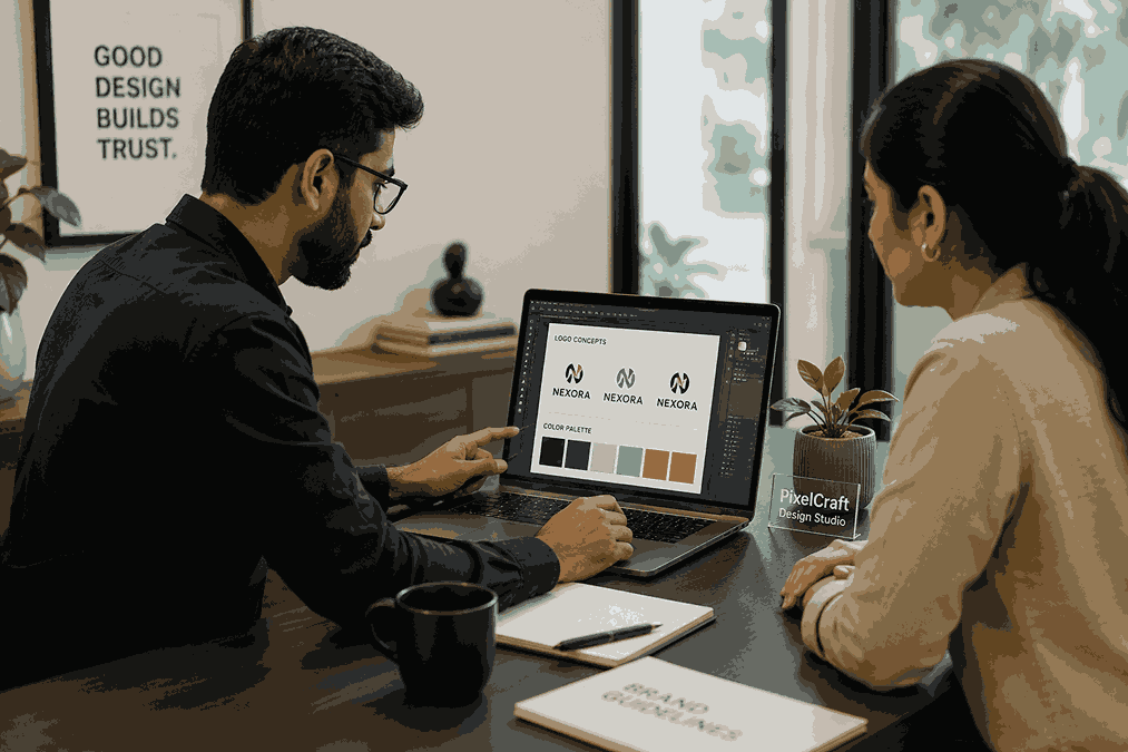 Professional graphic designer in Pune presenting logo concepts and brand color palette to a client on a laptop in a modern office workspace