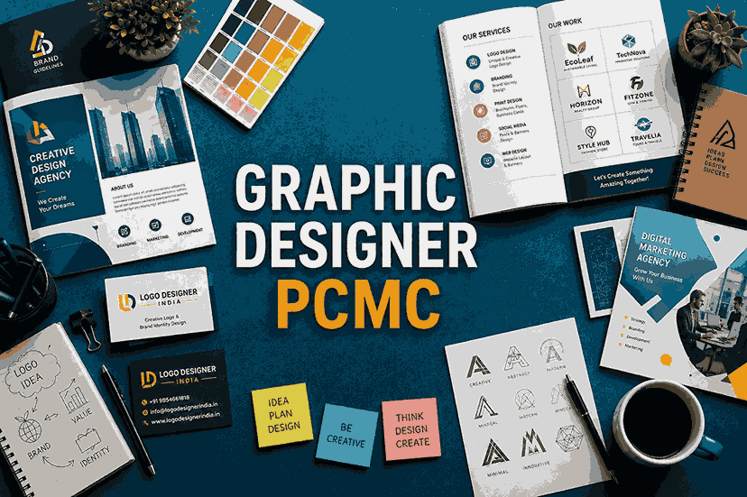 Creative flat lay workspace featuring Graphic Designer PCMC title with branding materials, brochures, logo sketches, and business card designs