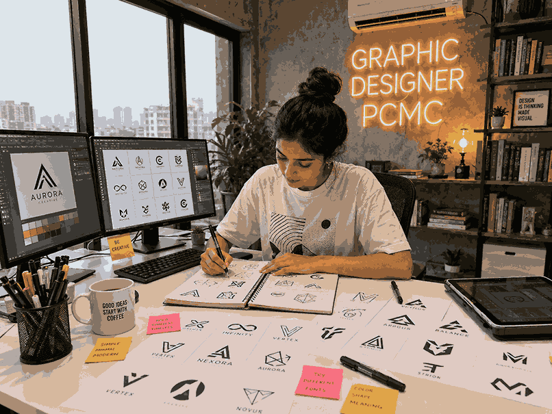 Young female Graphic Designer PCMC creating logo concepts in a modern creative studio with dual monitors and branding workspace