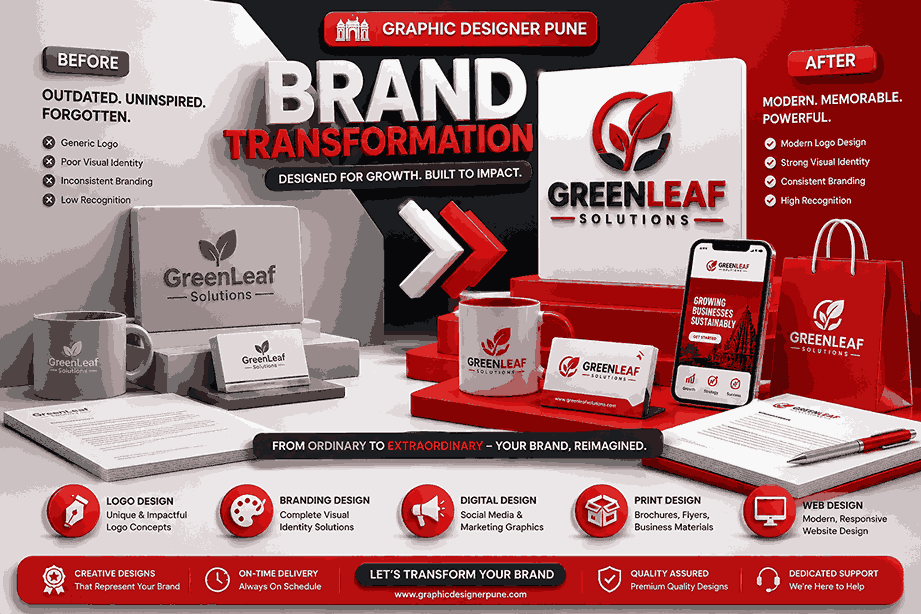 Brand transformation completed by Graphic Designer Pune showing logo evolution, 3D visual identity redesign, branding mockups, packaging, stationery, and digital brand applications.