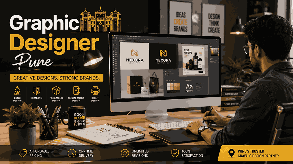 Modern professional workspace showing affordable graphic designer services in action with branding projects, logo concepts, packaging mockups, social media graphics, and creative agency office setup.