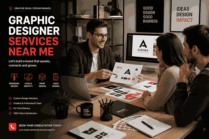 Face-to-face consultation with graphic designer services near me showing a designer presenting branding concepts and logo identity ideas to clients in a modern office meeting.