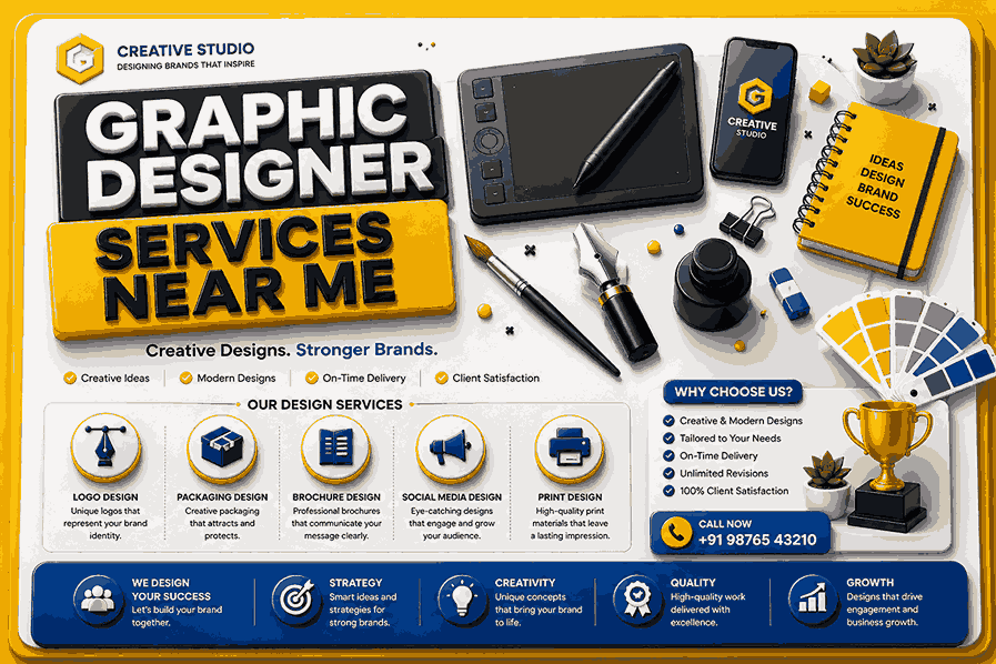 graphic designer services near me flyer with yellow border, floating creative studio objects, bold extruded typography, circular service icons, and premium corporate brochure layout.