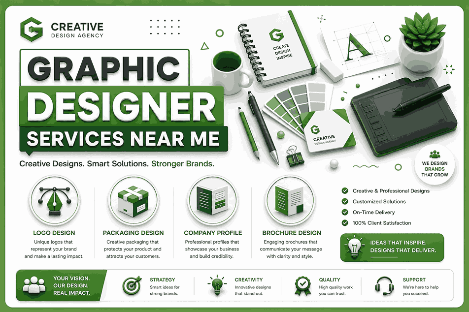graphic designer services near me flyer template with green and white color palette, modern boxed typography, floating design tools, and infographic service icons in landscape format.