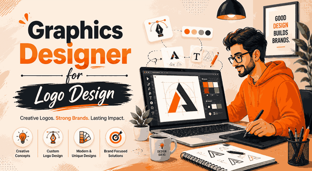 Graphics Designer for Logo Design modern blog cover with designer working on laptop, geometric logo creation, beige and orange workspace, and minimalist branding elements