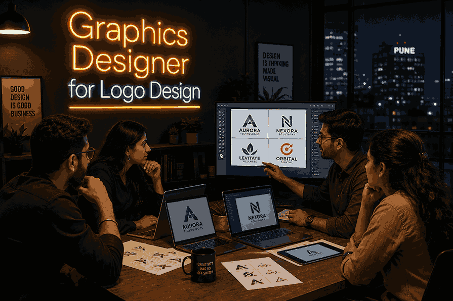Graphics Designer for Logo Design creative meeting scene in Pune with designers discussing logo concepts on laptops and screens inside a neon-lit studio