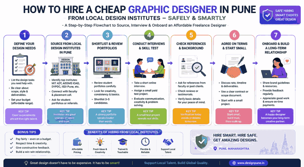 Flowchart infographic showing safe steps to hire an affordable freelance graphic designer in Pune from local design institutes including sourcing, interviews, onboarding, and project workflow