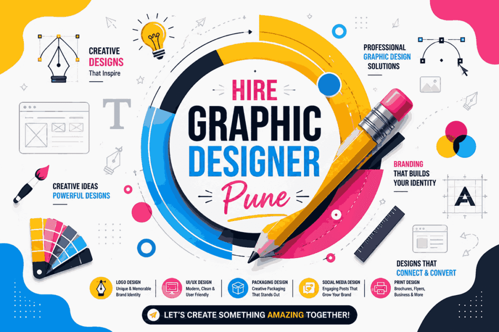 Hire Graphic Designer Pune vector banner with colorful logo design emblem, modern pencil illustration, branding icons, and creative design tools