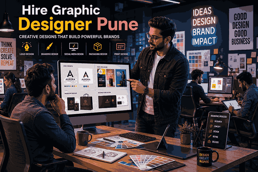 Hire Graphic Designer Pune banner showing a professional designer presenting branding concepts, logo designs, packaging mockups, and social media creatives to a client in a modern studio
