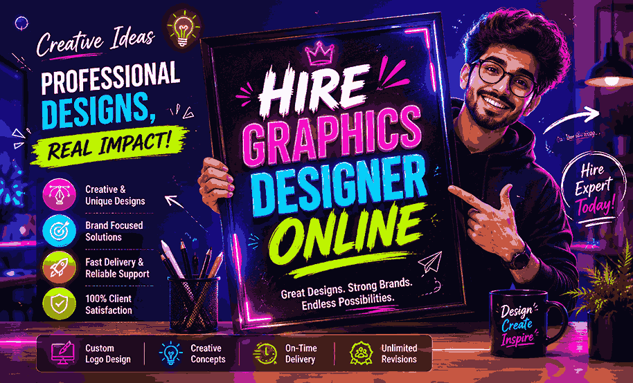 Hire Graphics Designer Online neon motivational banner with trendy designer, glowing typography, futuristic workspace, and vibrant cyberpunk creative studio aesthetic
