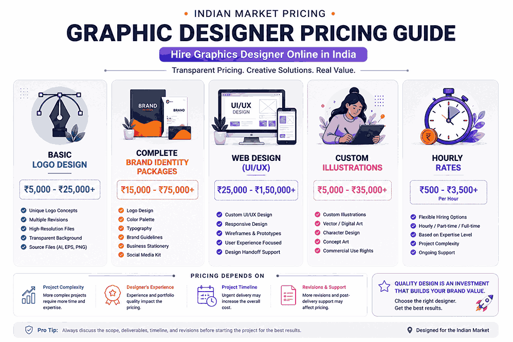 Infographic showing online graphic design service pricing in India including logo design, brand identity packages, web UI/UX design, custom illustrations, and hourly freelance designer rates.