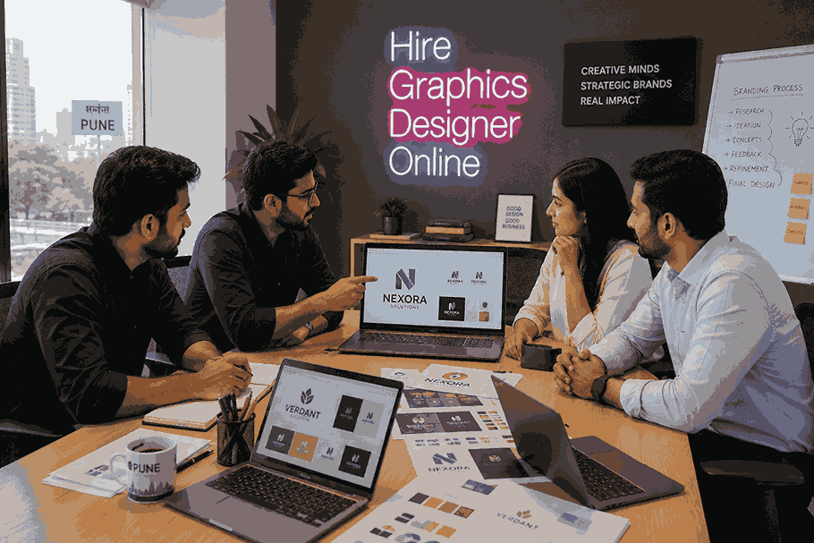 Modern office meeting scene in Pune showing logo designers discussing branding concepts with clients using laptops displaying logo designs, color palettes, and creative brand identity ideas under a neon “Hire Graphics Designer Online” sign.