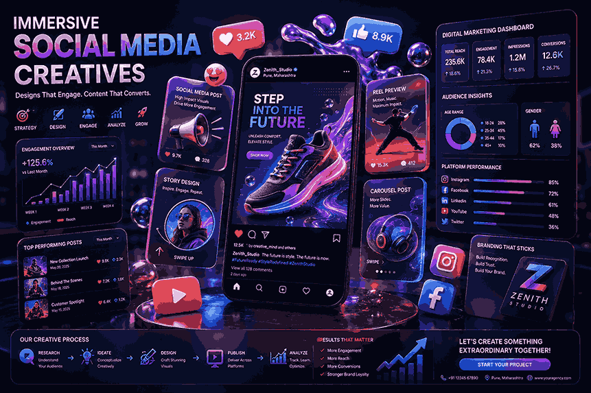 Immersive social media creatives 3D infographic with layered textures, floating engagement icons, liquid UI elements, marketing dashboards, and futuristic branding visuals