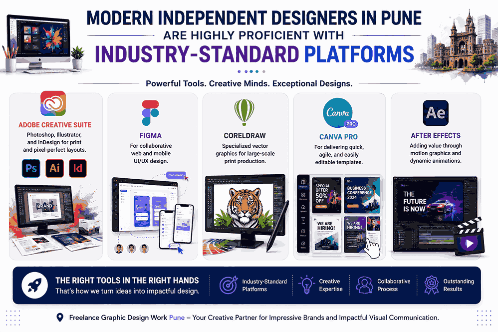 Infographic showcasing modern design software used by freelance graphic designers in Pune including Adobe Creative Suite, Figma, CorelDRAW, Canva Pro, and After Effects.