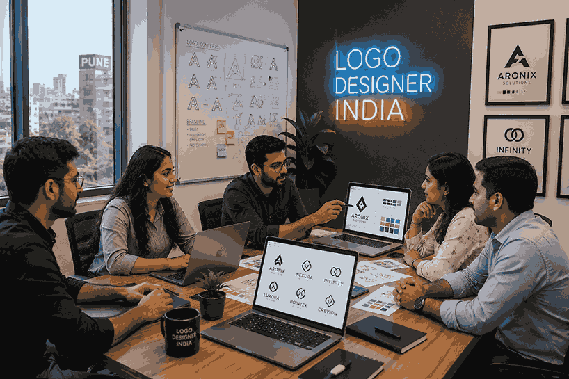 Professional logo design team meeting with client in a modern Pune office discussing branding concepts, logo designs, and color palettes with LOGO DESIGNER INDIA neon sign