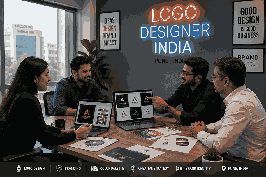 Professional logo designer team meeting with client in Pune discussing branding concepts, logo designs, and color palettes inside a modern office