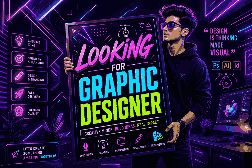 Looking for Graphic Designer neon motivational poster with stylish young man holding glowing typography frame against futuristic purple and navy gradient background