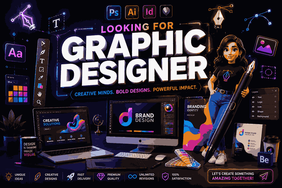 Looking for Graphic Designer premium 3D poster with neon creative studio, female designer character, glowing typography, branding mockups, and futuristic UI design panels