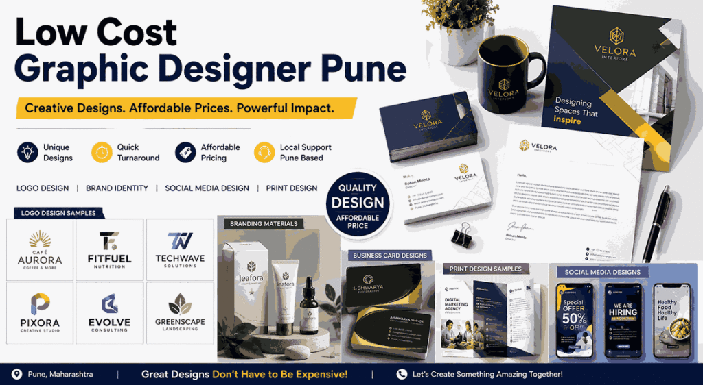 Low Cost Graphic Designer Pune banner showcasing logo designs, branding materials, business cards, print designs, and social media graphics samples.