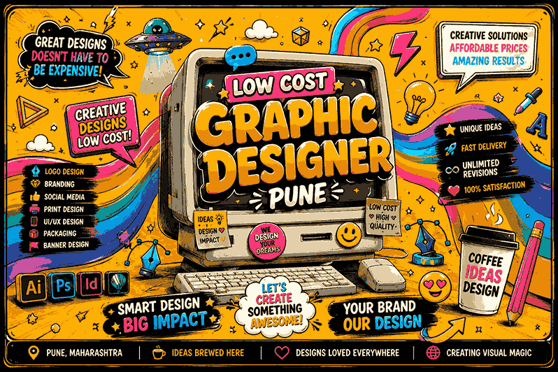 Low Cost Graphic Designer Pune cartoon-style banner with retro computer, rainbow waves, doodle art, neon icons, and playful creative branding elements