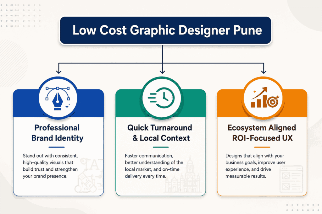 Low Cost Graphic Designer Pune infographic showing professional brand identity, quick turnaround, local market understanding, and ROI-focused UX design services.