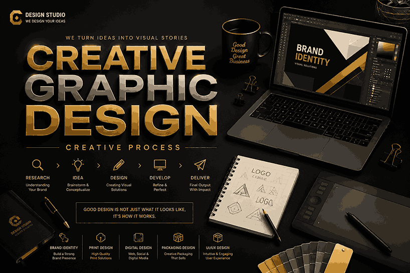Premium creative graphic design landscape poster with matte black background, metallic gold 3D typography, luxury workspace setup, laptop, sketchbook, digital tablet, and elegant branding elements.