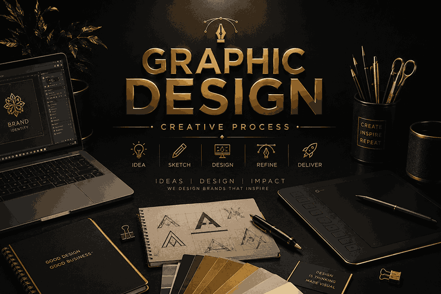 Top-view realistic graphic designer workspace in a dark moody studio with logo sketches, branding software, desk lamp lighting, markers, brushes, coffee cup, and cinematic creative atmosphere in landscape format.