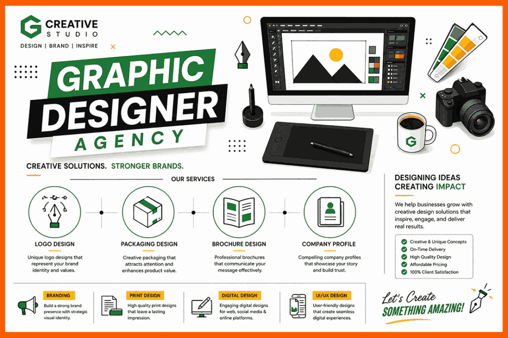 Minimal infographic-style graphic designer agency flyer with orange border, green and white typography, creative workspace illustrations, and flat vector service icons in a layout.