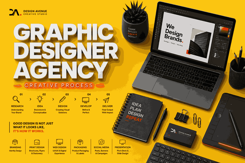 Modern graphic designer agency poster with matte yellow background, white 3D typography, red neon creative process subtitle, monochrome workspace setup, laptop, sketchbook, and digital design tools.