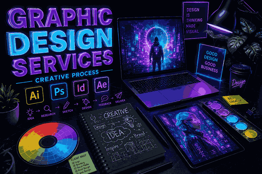 Modern cyberpunk graphic designer services poster with neon purple and cyan 3D typography, futuristic laptop workspace, Adobe creative icons, digital tablet, color wheel, and creative studio elements on a matte black background.
