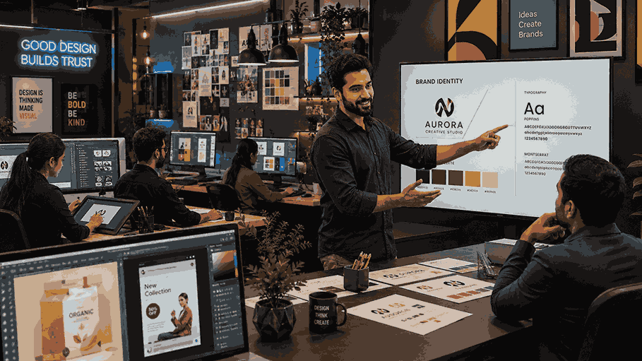 Modern graphic design studio in Pune where a professional designer presents branding concepts, logo mockups, typography, and UI UX designs to a client in a collaborative creative workspace