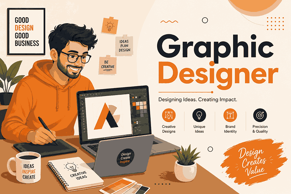 Friendly graphic designer working on logo design with laptop and stylus in modern startup workspace illustration