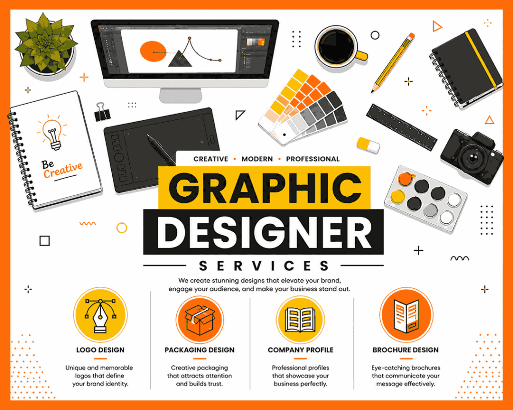 Minimal modern graphic designer services flyer template with orange border, bold typography, creative workspace illustrations, and flat vector service icons for logo design, packaging design, company profile, and brochure design.