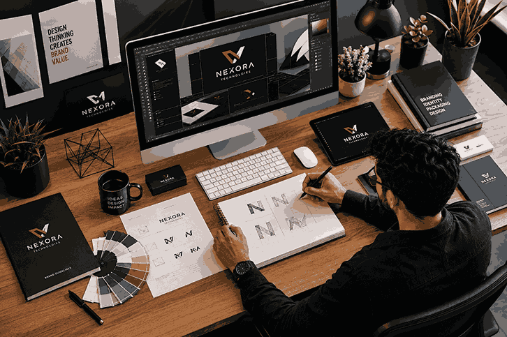 Modern high-tech creative workspace photography from top angle featuring branding software, logo sketches, digital tablet, premium stationery, and minimalist creative agency setup in landscape format.