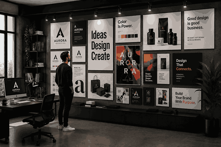 Modern monochrome graphic design office with colorful branding frames, packaging mockups, typography artwork, and stylish designer admiring the creative display wall
